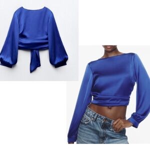 Zara blue satin open back blouse long sleeve tie back Sz S NWOT New without tag